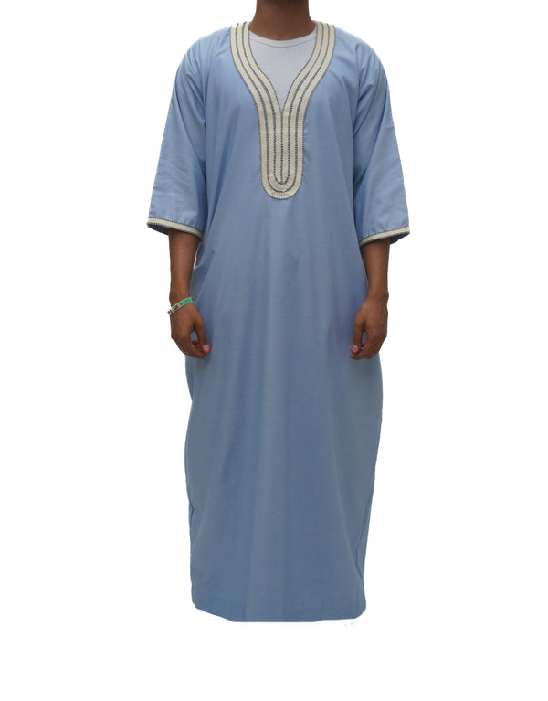 Moroccan Embroidered 3/4 Sleeve Thobe - Desert Sky