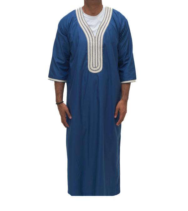 Moroccan Embroidered 3/4 Sleeve Thobe - Moonlit Navy