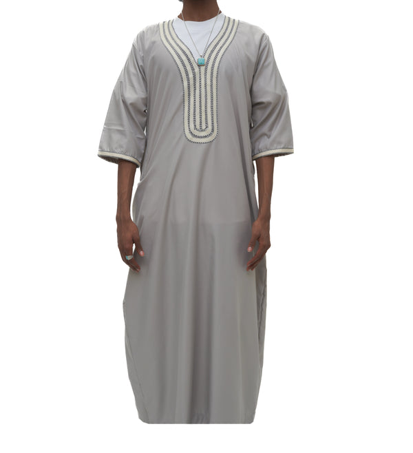 Moroccan Embroidered 3/4 Sleeve Thobe - Arabian Mist