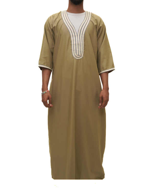 Moroccan Embroidered 3/4 Sleeve Thobe - Zaytoon (Olive)